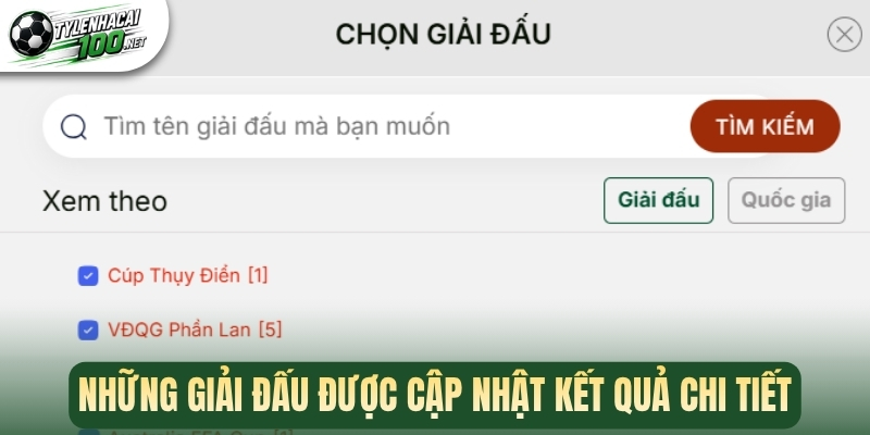 Những giải đấu được cập nhật kết quả chi tiết